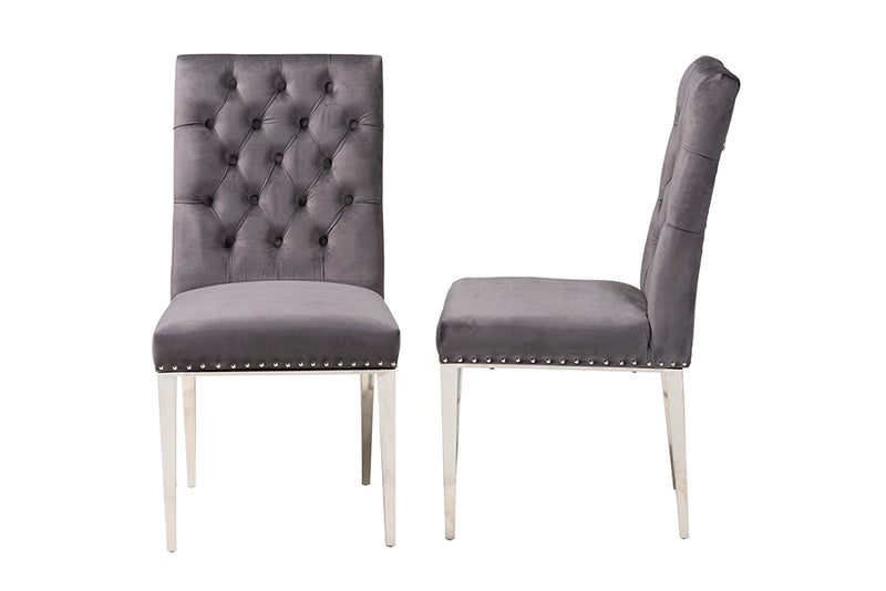 Dayana Contemporary Glam and Luxe Gray Velvet Fabric and Silver Metal 2-Piece Dining Chair Set