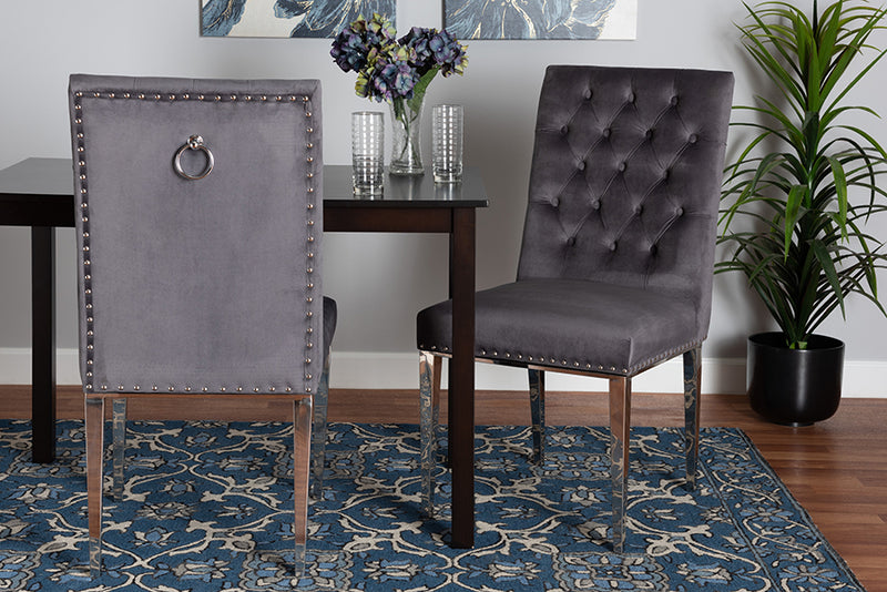 Dayana Contemporary Glam and Luxe Gray Velvet Fabric and Silver Metal 2-Piece Dining Chair Set