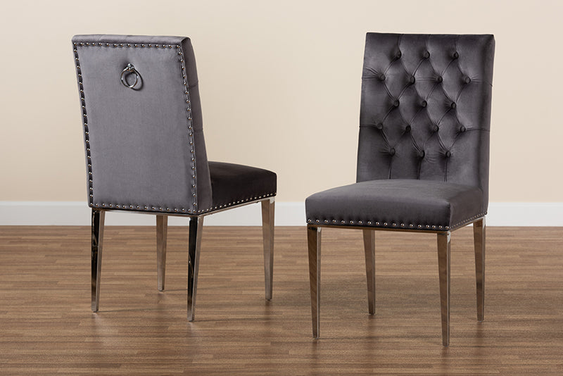 Dayana Contemporary Glam and Luxe Gray Velvet Fabric and Silver Metal 2-Piece Dining Chair Set