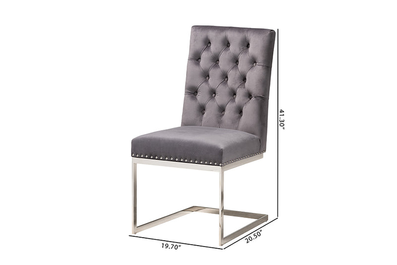 Benito Contemporary Glam and Luxe Gray Velvet Fabric and Silver Metal 2-Piece Dining Chair Set