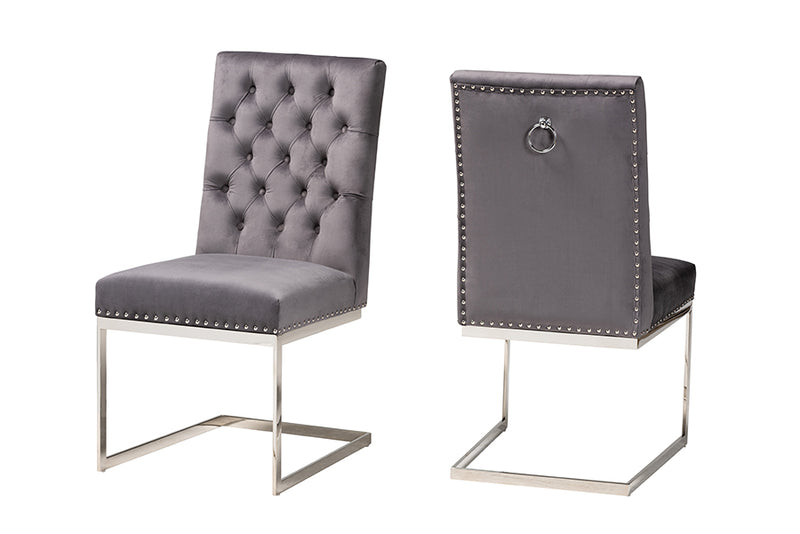 Benito Contemporary Glam and Luxe Gray Velvet Fabric and Silver Metal 2-Piece Dining Chair Set