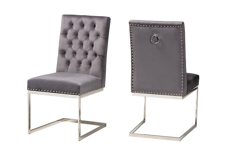 Benito Gray Velvet Fabric and Silver Metal 2Pc Dining Chair Set Baxton