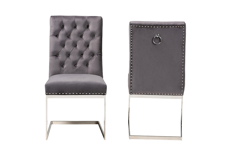 Benito Contemporary Glam and Luxe Gray Velvet Fabric and Silver Metal 2-Piece Dining Chair Set