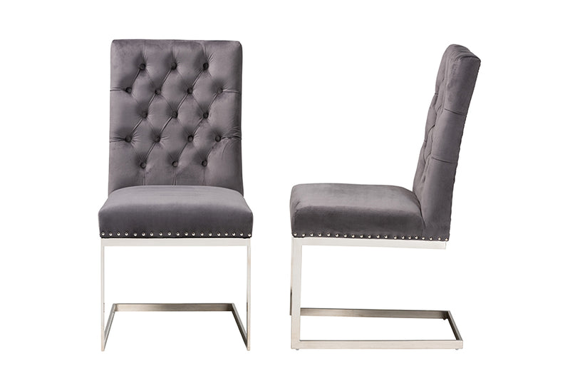 Benito Contemporary Glam and Luxe Gray Velvet Fabric and Silver Metal 2-Piece Dining Chair Set