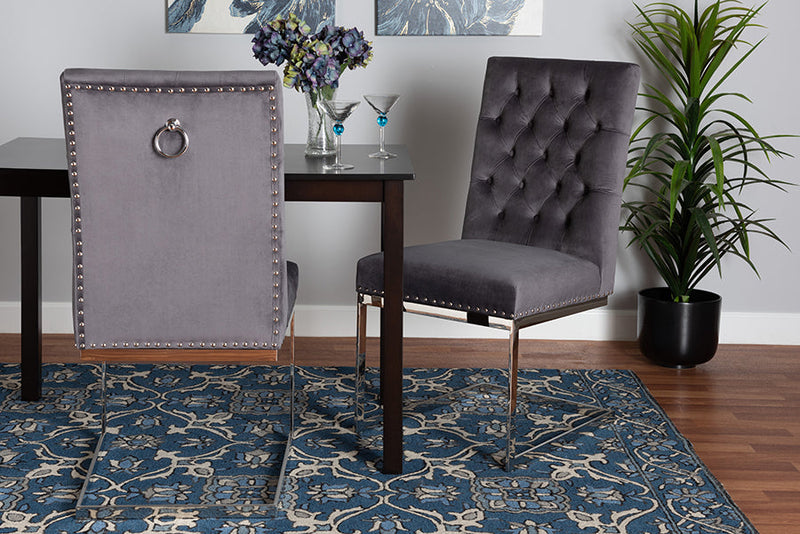 Benito Gray Velvet Fabric and Silver Metal 2Pc Dining Chair Set Baxton