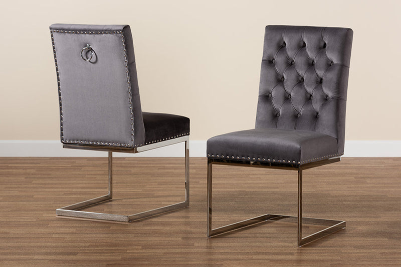 Benito Gray Velvet Fabric and Silver Metal 2Pc Dining Chair Set Baxton