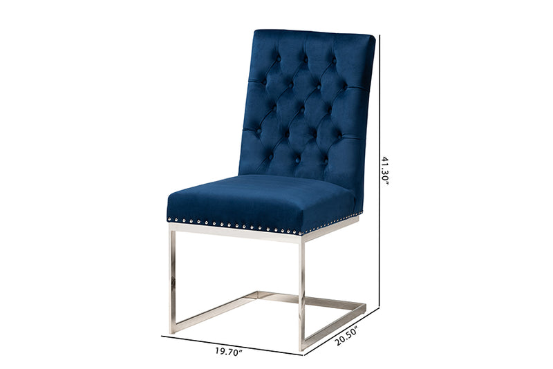 Benito Contemporary Glam and Luxe Navy Blue Velvet Fabric and Silver Metal 2-Piece Dining Chair Set