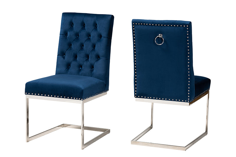 Benito Contemporary Glam and Luxe Navy Blue Velvet Fabric and Silver Metal 2-Piece Dining Chair Set