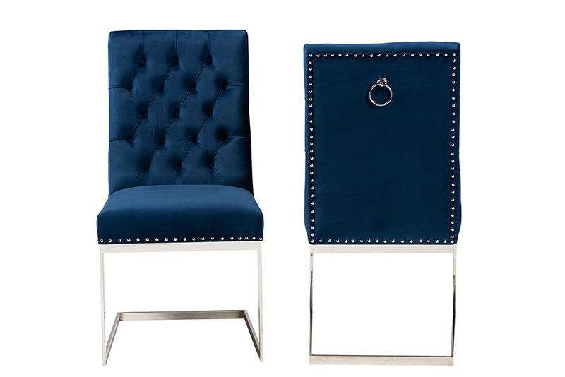 Benito Contemporary Glam and Luxe Navy Blue Velvet Fabric and Silver Metal 2-Piece Dining Chair Set