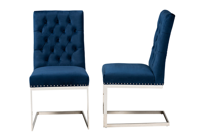 Benito Contemporary Glam and Luxe Navy Blue Velvet Fabric and Silver Metal 2-Piece Dining Chair Set