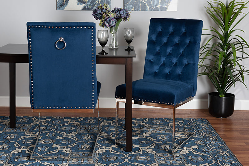 Benito Contemporary Glam and Luxe Navy Blue Velvet Fabric and Silver Metal 2-Piece Dining Chair Set