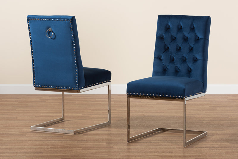 Benito Contemporary Glam and Luxe Navy Blue Velvet Fabric and Silver Metal 2-Piece Dining Chair Set