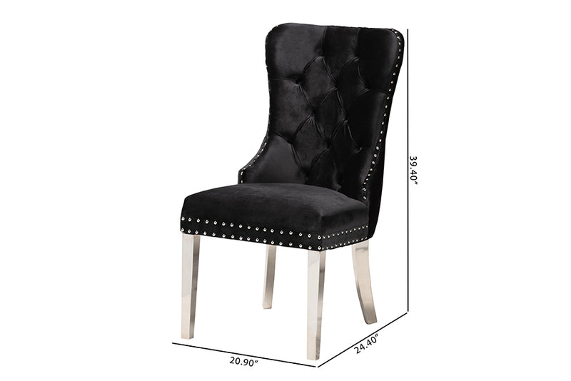 Dacian Contemporary Glam and Luxe Black Velvet Fabric and Silver Metal 2-Piece Dining Chair Set