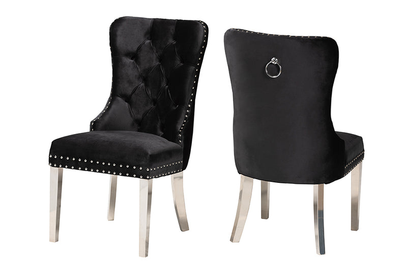 Dacian Contemporary Glam and Luxe Black Velvet Fabric and Silver Metal 2-Piece Dining Chair Set