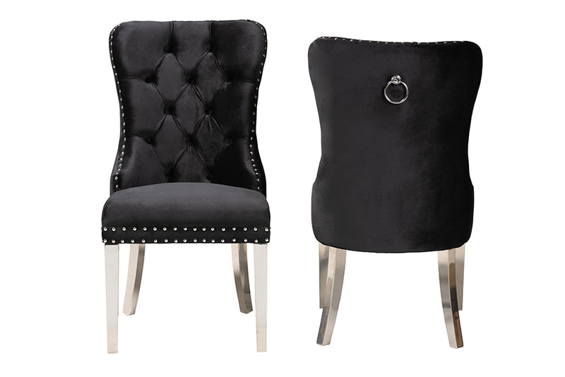 Dacian Contemporary Glam and Luxe Black Velvet Fabric and Silver Metal 2-Piece Dining Chair Set