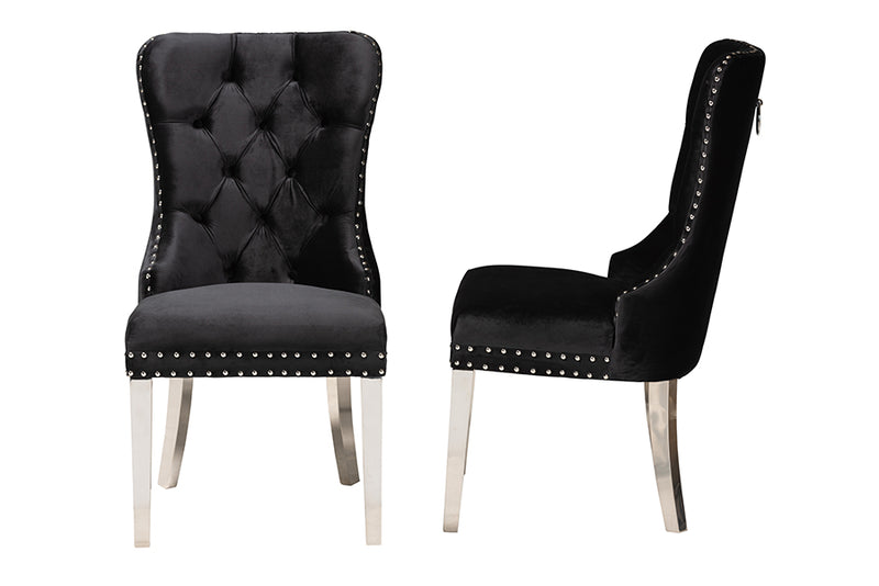 Dacian Contemporary Glam and Luxe Black Velvet Fabric and Silver Metal 2-Piece Dining Chair Set