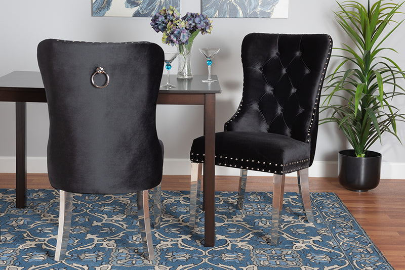 Dacian Contemporary Glam and Luxe Black Velvet Fabric and Silver Metal 2-Piece Dining Chair Set