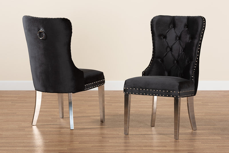 Dacian Contemporary Glam and Luxe Black Velvet Fabric and Silver Metal 2-Piece Dining Chair Set