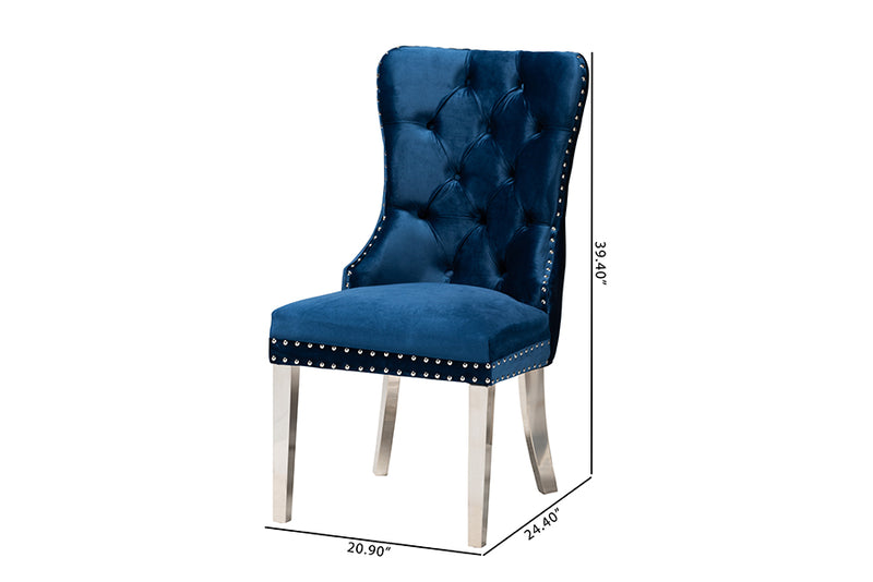 Dacian Contemporary Glam and Luxe Navy Blue Velvet Fabric and Silver Metal 2-Piece Dining Chair Set