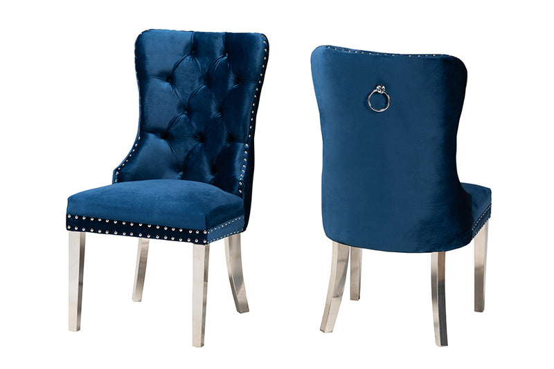 Dacian Contemporary Glam and Luxe Navy Blue Velvet Fabric and Silver Metal 2-Piece Dining Chair Set