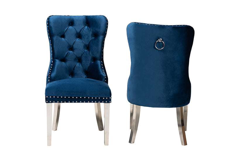 Dacian Navy Blue Velvet Fabric and Silver Metal 2Pc Dining Chair Set Baxton