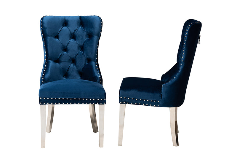 Dacian Contemporary Glam and Luxe Navy Blue Velvet Fabric and Silver Metal 2-Piece Dining Chair Set