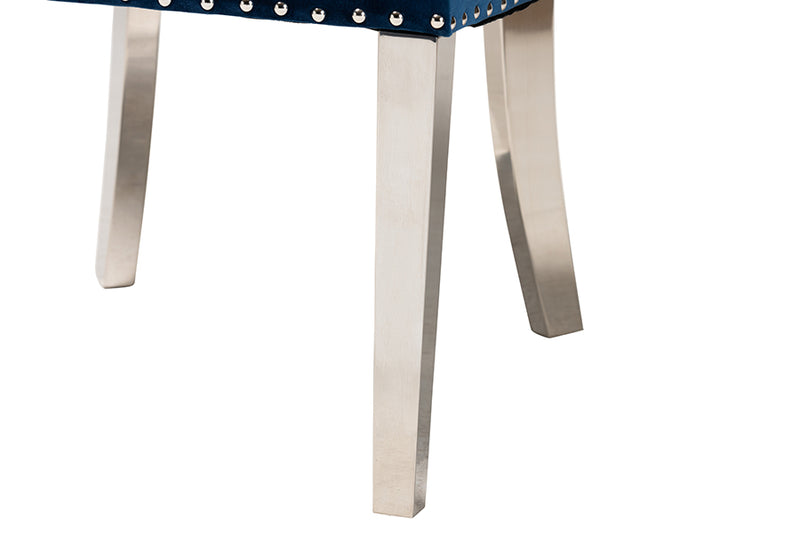 Dacian Contemporary Glam and Luxe Navy Blue Velvet Fabric and Silver Metal 2-Piece Dining Chair Set