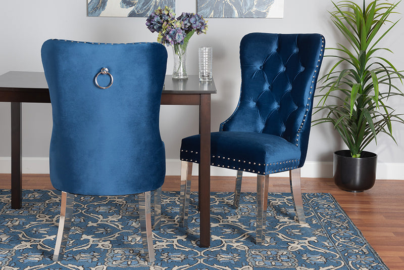 Dacian Contemporary Glam and Luxe Navy Blue Velvet Fabric and Silver Metal 2-Piece Dining Chair Set