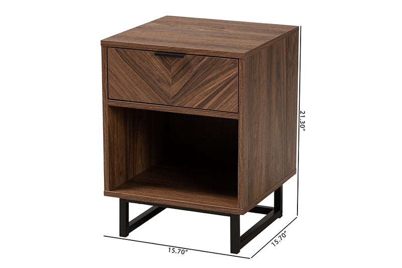 Mandell Modern Walnut Brown Finished Wood and Black Metal 1-Drawer End Table