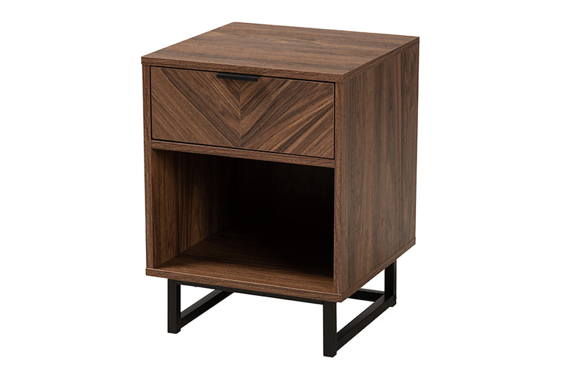 Mandell Modern Walnut Brown Finished Wood and Black Metal 1-Drawer End Table