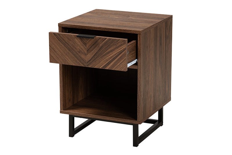 Mandell Modern Walnut Brown and Black Metal 1-Drawer End Table Baxton