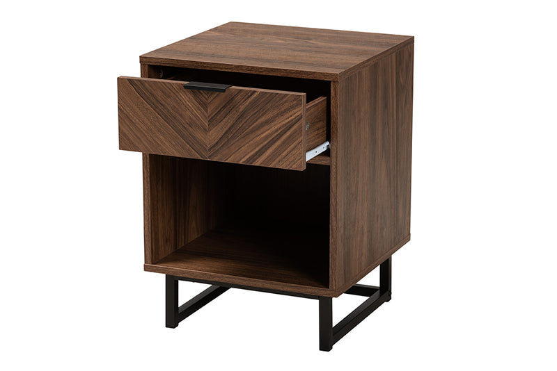 Mandell Modern Walnut Brown Finished Wood and Black Metal 1-Drawer End Table