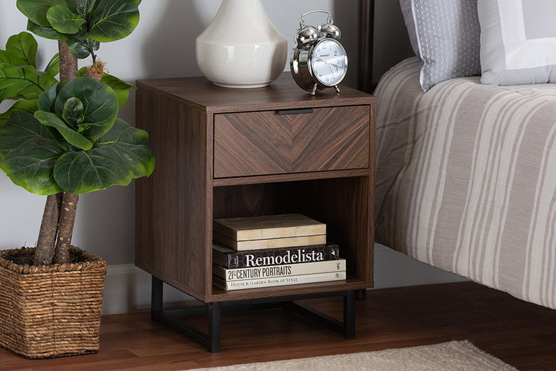 Mandell Modern Walnut Brown and Black Metal 1-Drawer End Table Baxton