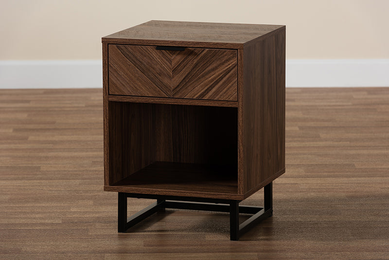 Mandell Modern Walnut Brown Finished Wood and Black Metal 1-Drawer End Table