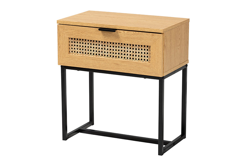 Glover Mid-Century Modern Industrial Oak Brown Finished Wood and Black Metal 1-Drawer End Table w/Natural Rattan