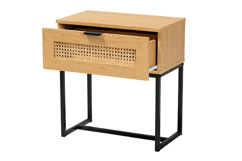 Glover Industrial Oak Brown and Black Metal 1-Drawer End Table w/Natural Rattan Baxton