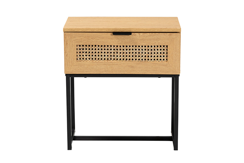 Glover Mid-Century Modern Industrial Oak Brown Finished Wood and Black Metal 1-Drawer End Table w/Natural Rattan