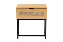 Glover Industrial Oak Brown and Black Metal 1-Drawer End Table w/Natural Rattan Baxton