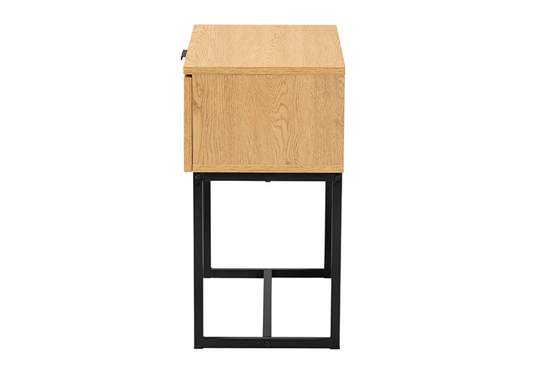 Glover Industrial Oak Brown and Black Metal 1-Drawer End Table w/Natural Rattan Baxton