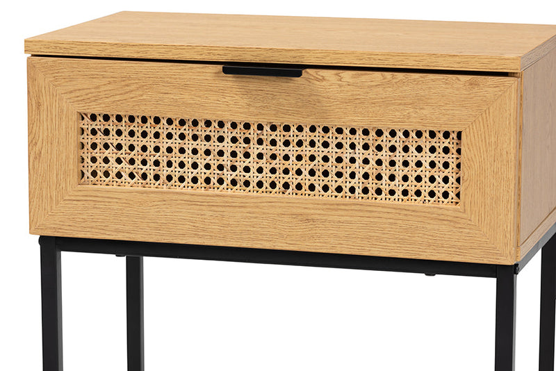 Glover Industrial Oak Brown and Black Metal 1-Drawer End Table w/Natural Rattan Baxton