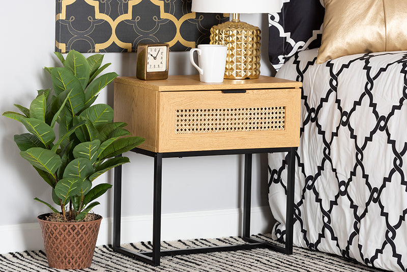 Glover Mid-Century Modern Industrial Oak Brown Finished Wood and Black Metal 1-Drawer End Table w/Natural Rattan