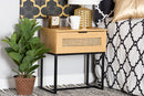 Glover Industrial Oak Brown and Black Metal 1-Drawer End Table w/Natural Rattan Baxton