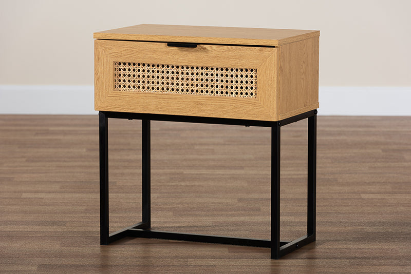 Glover Mid-Century Modern Industrial Oak Brown Finished Wood and Black Metal 1-Drawer End Table w/Natural Rattan