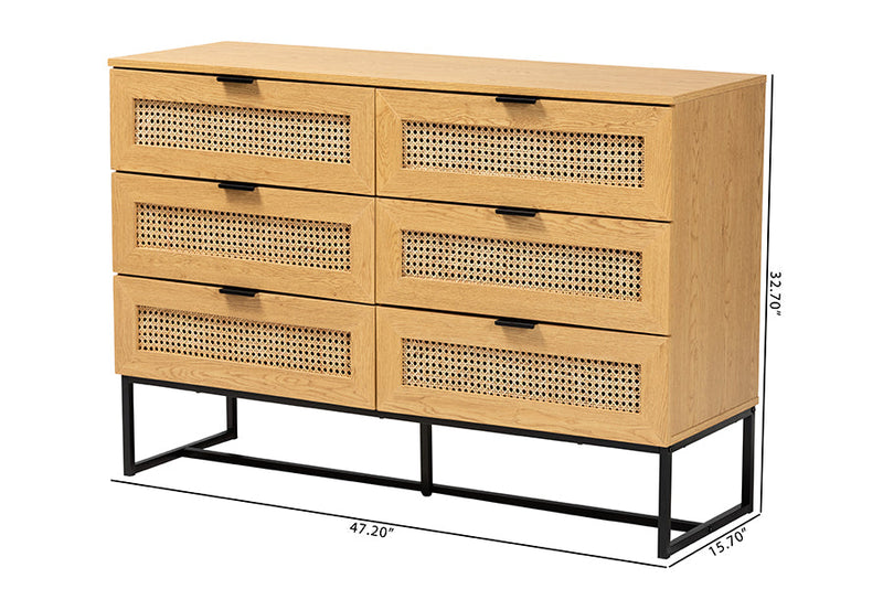 Glover Oak Brown and Black Metal 6-Drawer Storage Cabinet Baxton