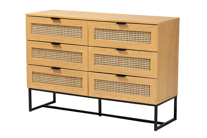 Glover Oak Brown and Black Metal 6-Drawer Storage Cabinet Baxton