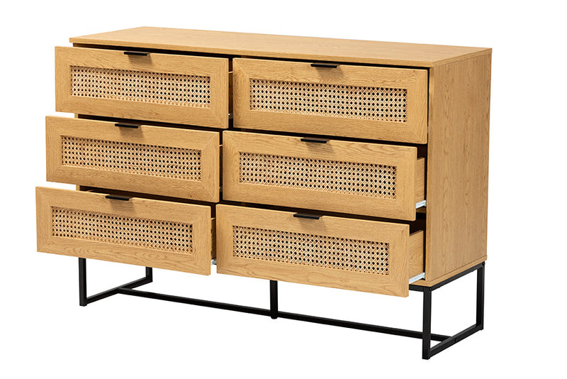 Glover Oak Brown and Black Metal 6-Drawer Storage Cabinet Baxton