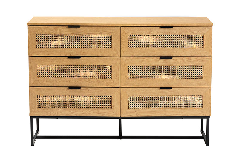Glover Oak Brown and Black Metal 6-Drawer Storage Cabinet Baxton