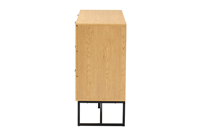 Glover Oak Brown and Black Metal 6-Drawer Storage Cabinet Baxton