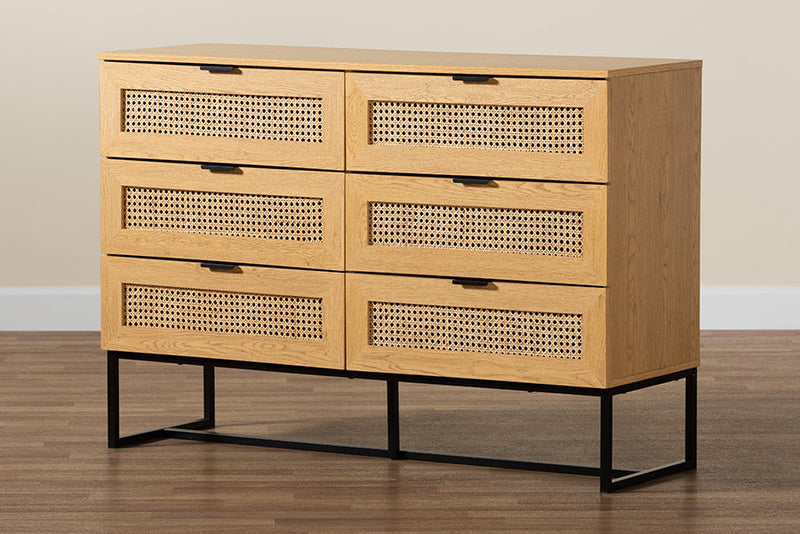 Glover Oak Brown and Black Metal 6-Drawer Storage Cabinet Baxton