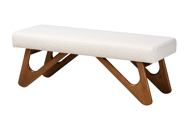 Soleil Japandi Cream Boucle Fabric and Walnut Brown Finished Wood Bench